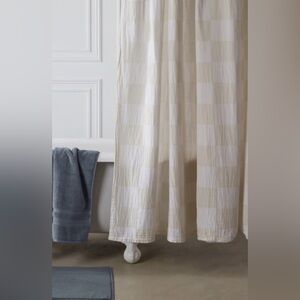 Parachute Checkered Guaze Shower Curtain and Brass Hooks